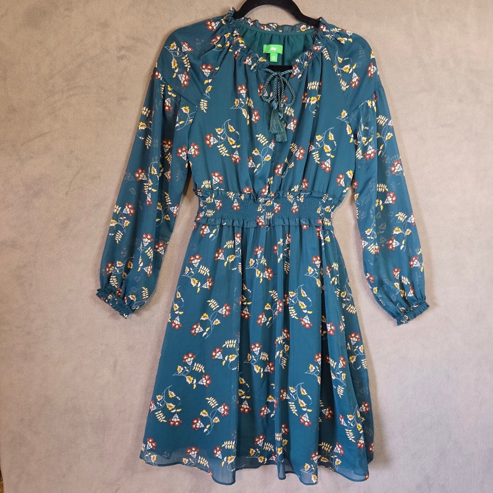 dip Floral Chiffon Dress Women's XS Teal Smocked Waist Boho Peasant Tassel
